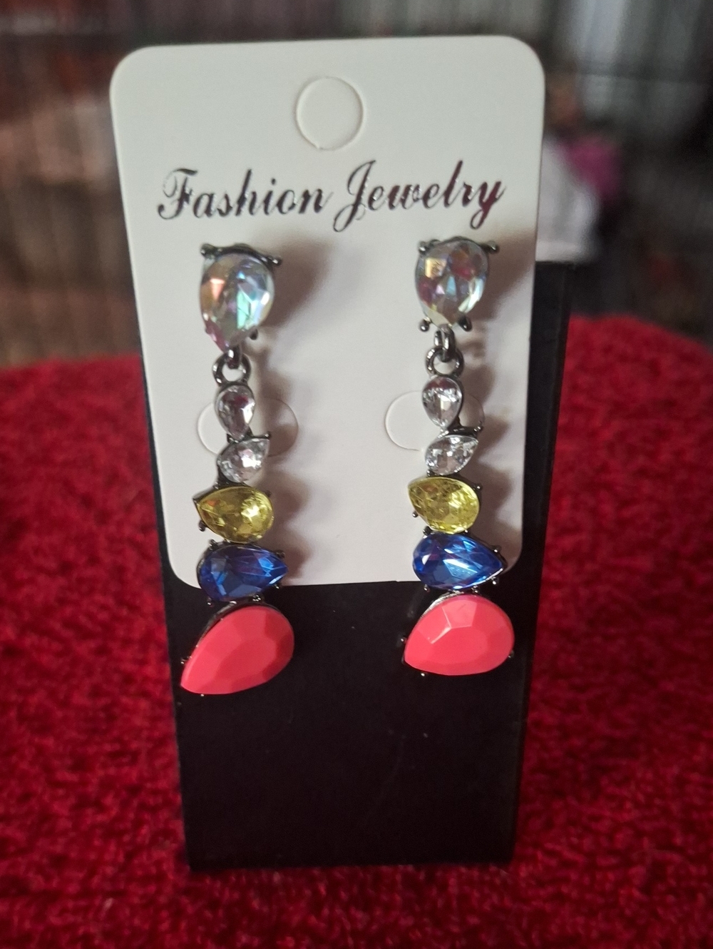 Fashion Jewelry Multicolor Teardrop Drop Earrings — Pink, Blue & Yellow